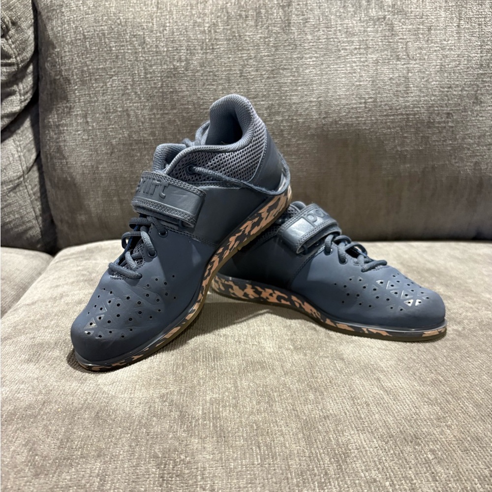 Women’s Adidas Powerlifting Shoes, Gray with Pink Trim.